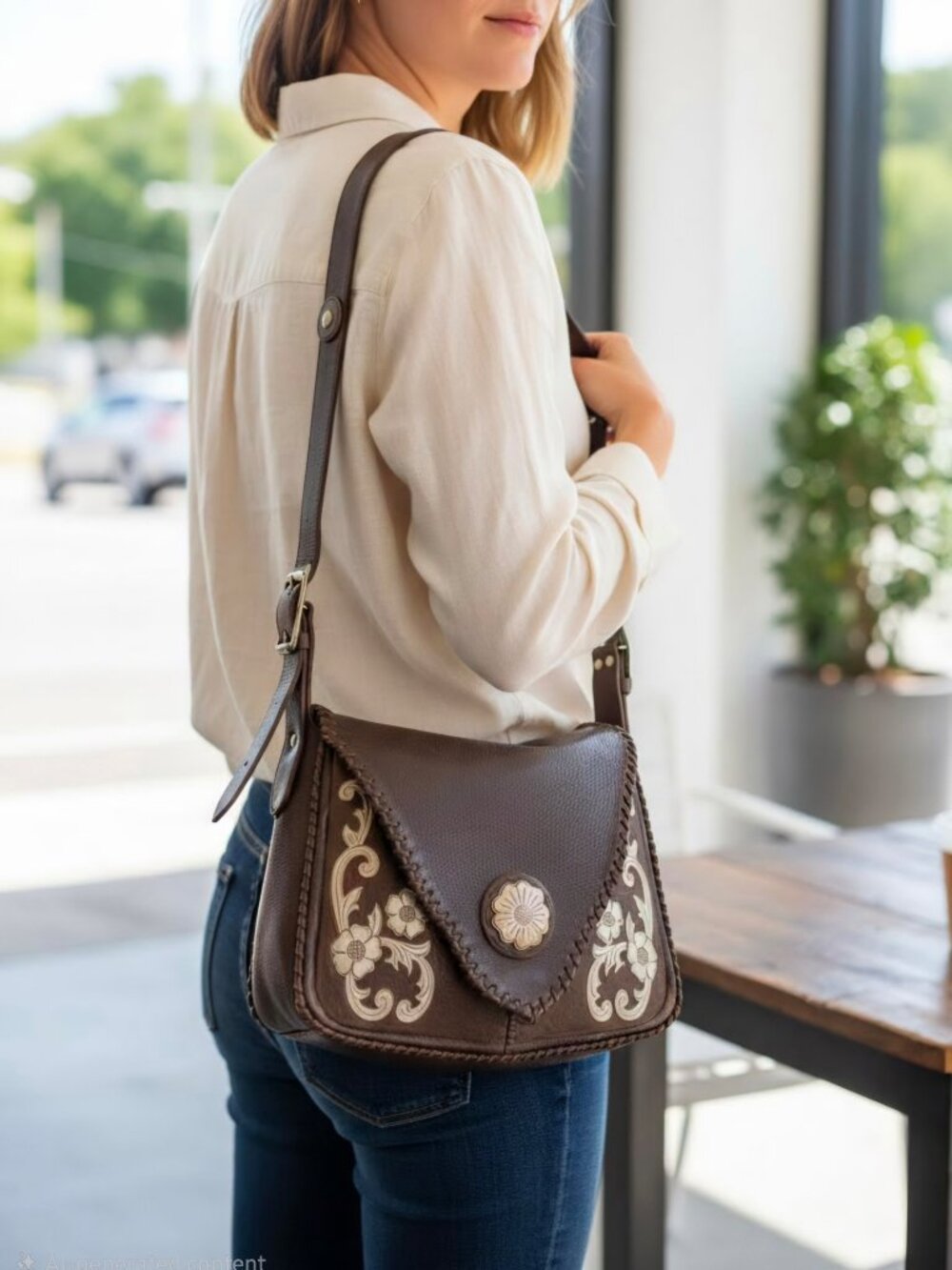 Jose Luis Chocolate Brown Leather Messenger Bag with Silver Embellishments